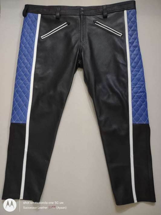 LEATHER PANT WITH BLUE QUILTED AND WHITE THREAD UNDER KNEE