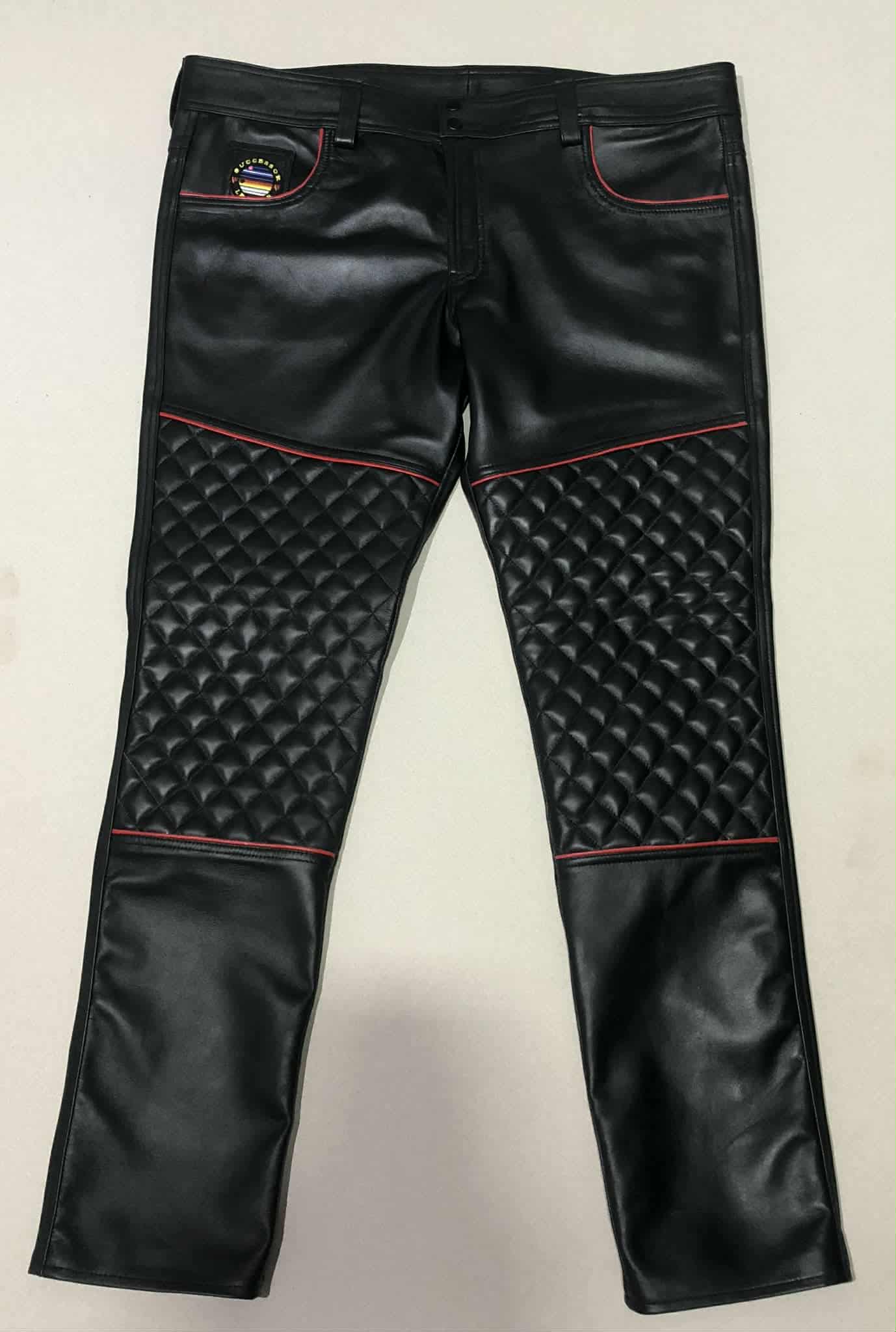 BLACK LAMB LEATHER QULITED PANT WITH RED TRIMS.