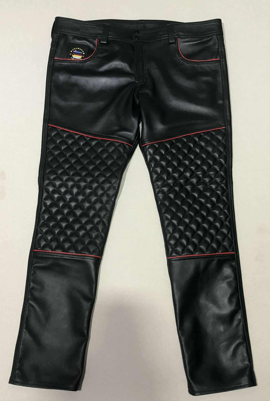 BLACK LAMB LEATHER QULITED PANT WITH RED TRIMS.