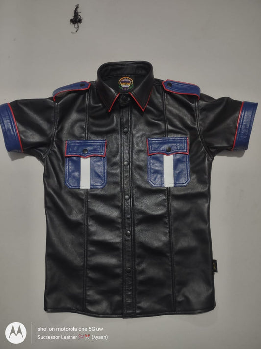 LEATHER BLACK SHIRT WITH BLUE CONTRAST AND RED PIPING