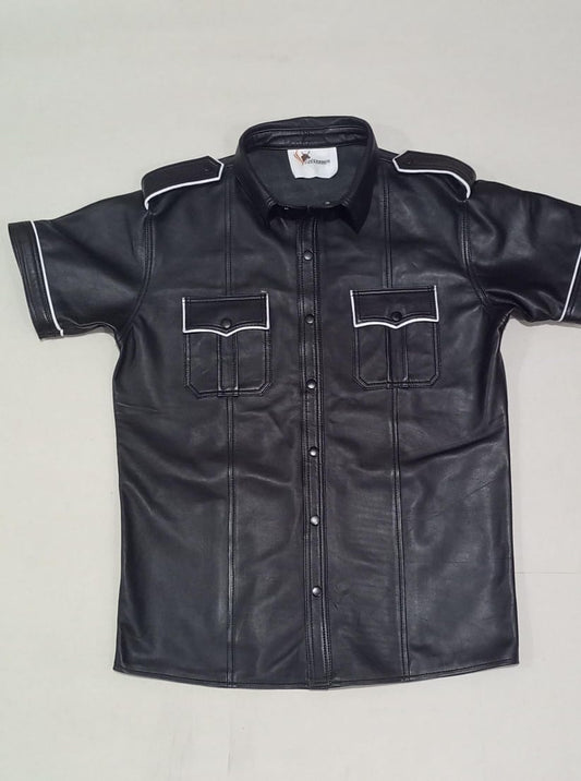 BLACK LEATHER SHIRT WITH WHITE PIPING