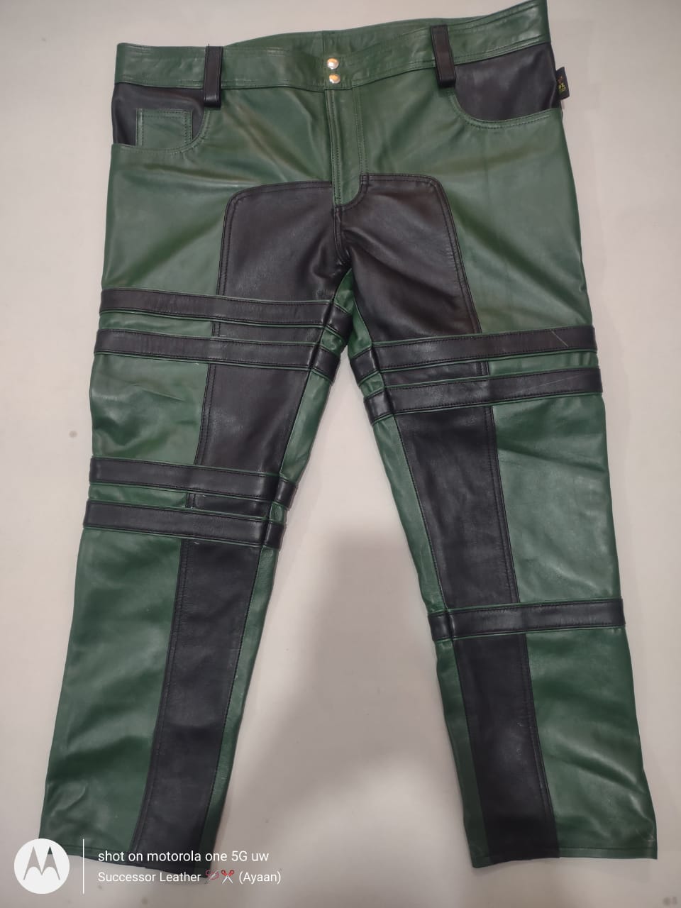 SHEEP LEATHER STRIPES PANT GREEN WITH BLACK CONTRAST