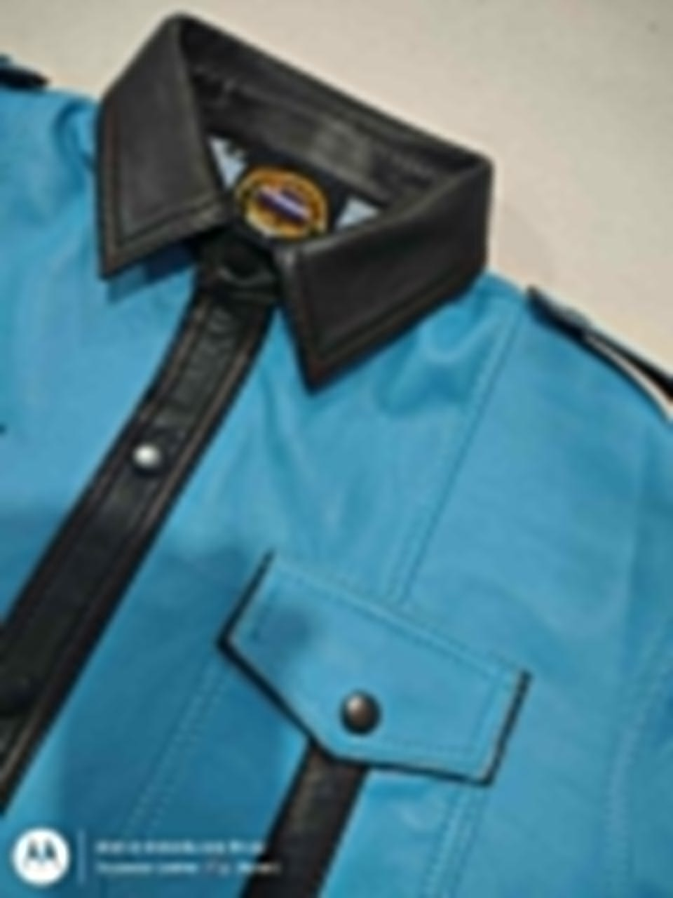 SKY BLUE LEATHER SHIRT WITH BLACK CONTRAST.