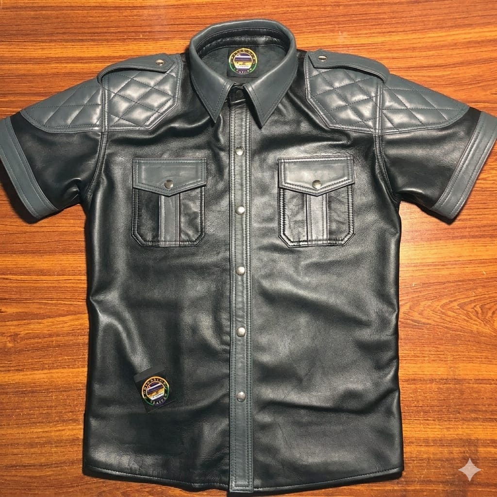 SUCCESSOR LEATHER BLACK LAMB LEATHER SHIRT WITH GRAY QULITING.