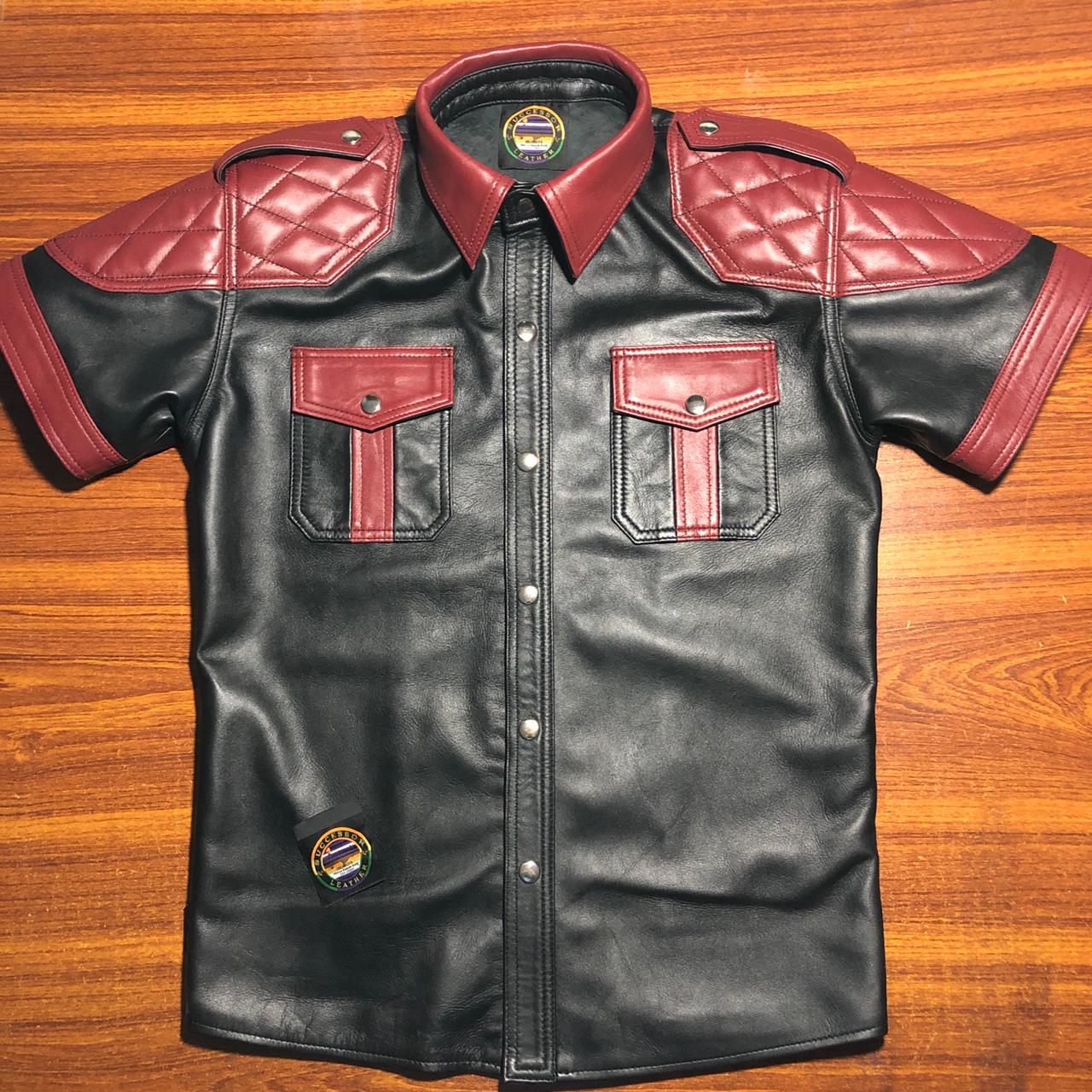 SUCCESSOR LEATHER BLACK LAMB LEATHER SHIRT WITH MAROON QULITED CONTRAST