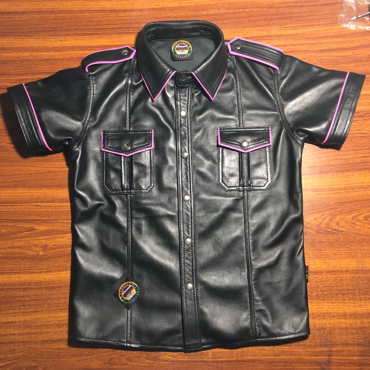 SUCCESSOR LEATHER BLACK LAMB SHIRT WITH HOT PINK PINPNG