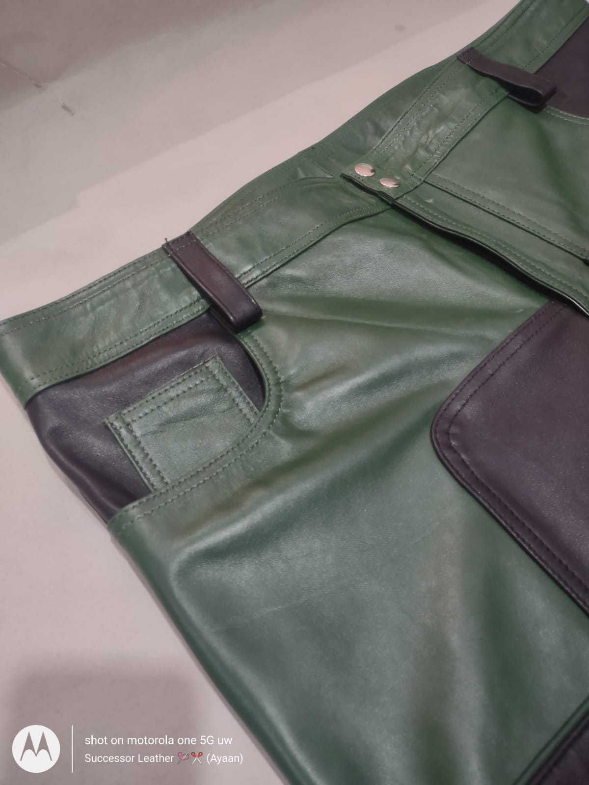 SHEEP LEATHER STRIPES PANT GREEN WITH BLACK CONTRAST