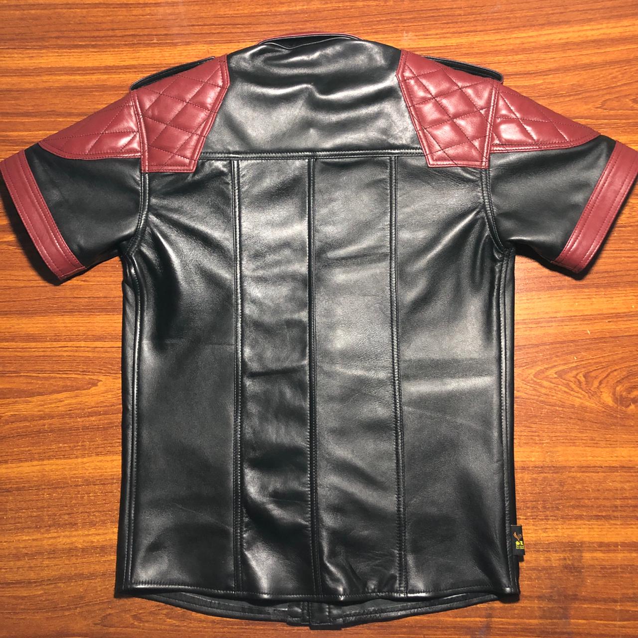 SUCCESSOR LEATHER BLACK LAMB LEATHER SHIRT WITH MAROON QULITED CONTRAST