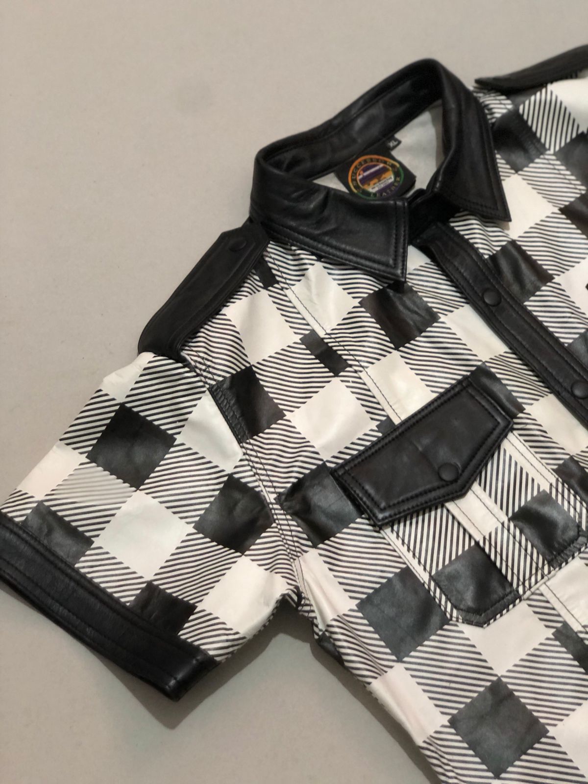 White Fannel Cow Leather shirt With Black Contrast