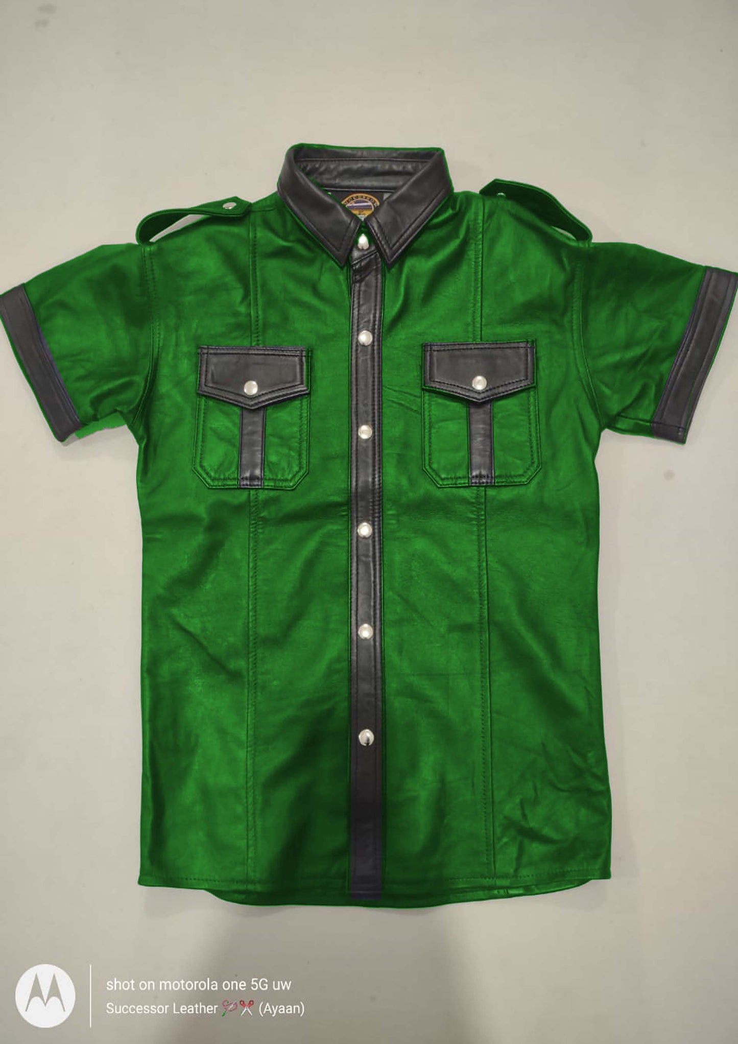 NAVY LEATHER SHIRT WITH BLACK CONTRAST.
